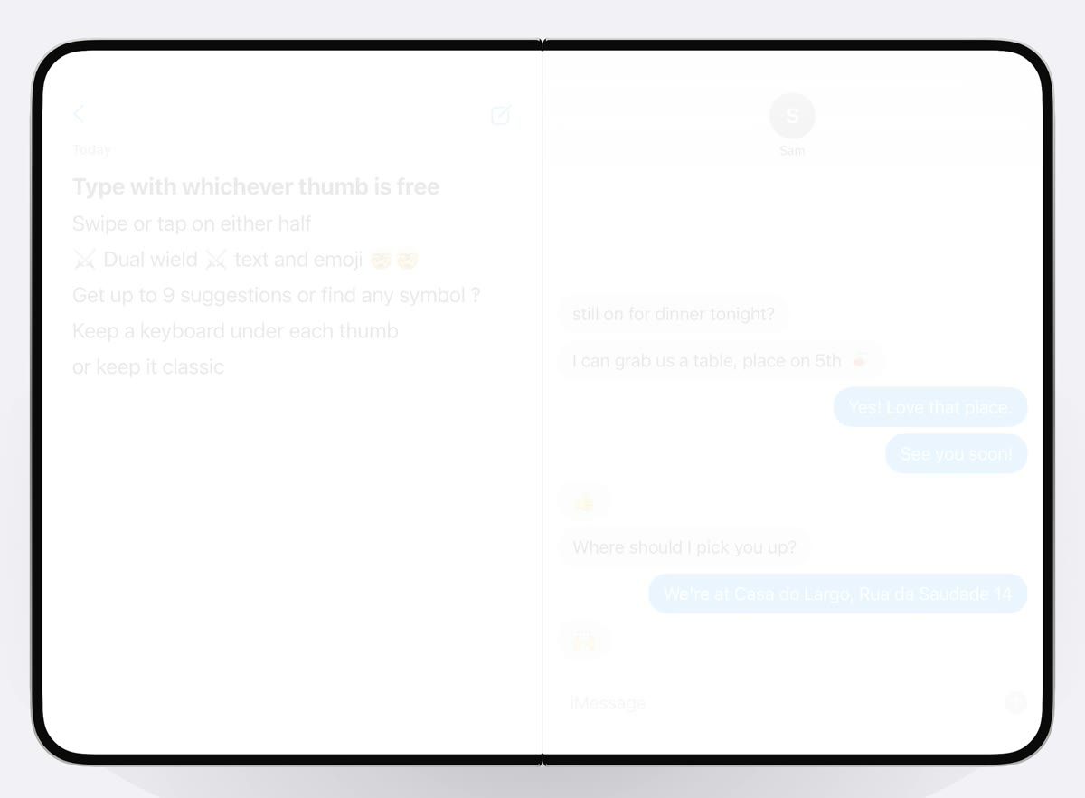 Duoboard in Dual mode on an iPhone Duo: a full keyboard under each thumb, typing into Notes on the left while a chat with Sam is open on the right.