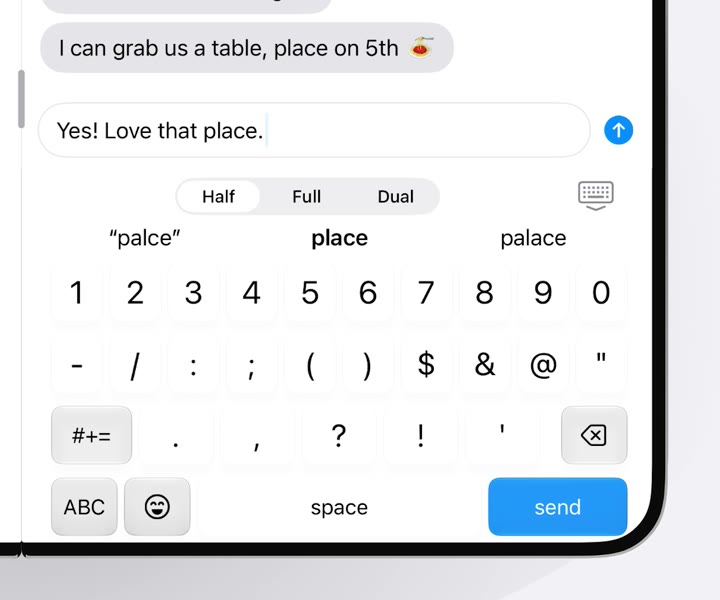 After typing “palce”, the message reads “Yes! Love that place.” and the strip offers “palce” in quotes, place in bold, and palace.