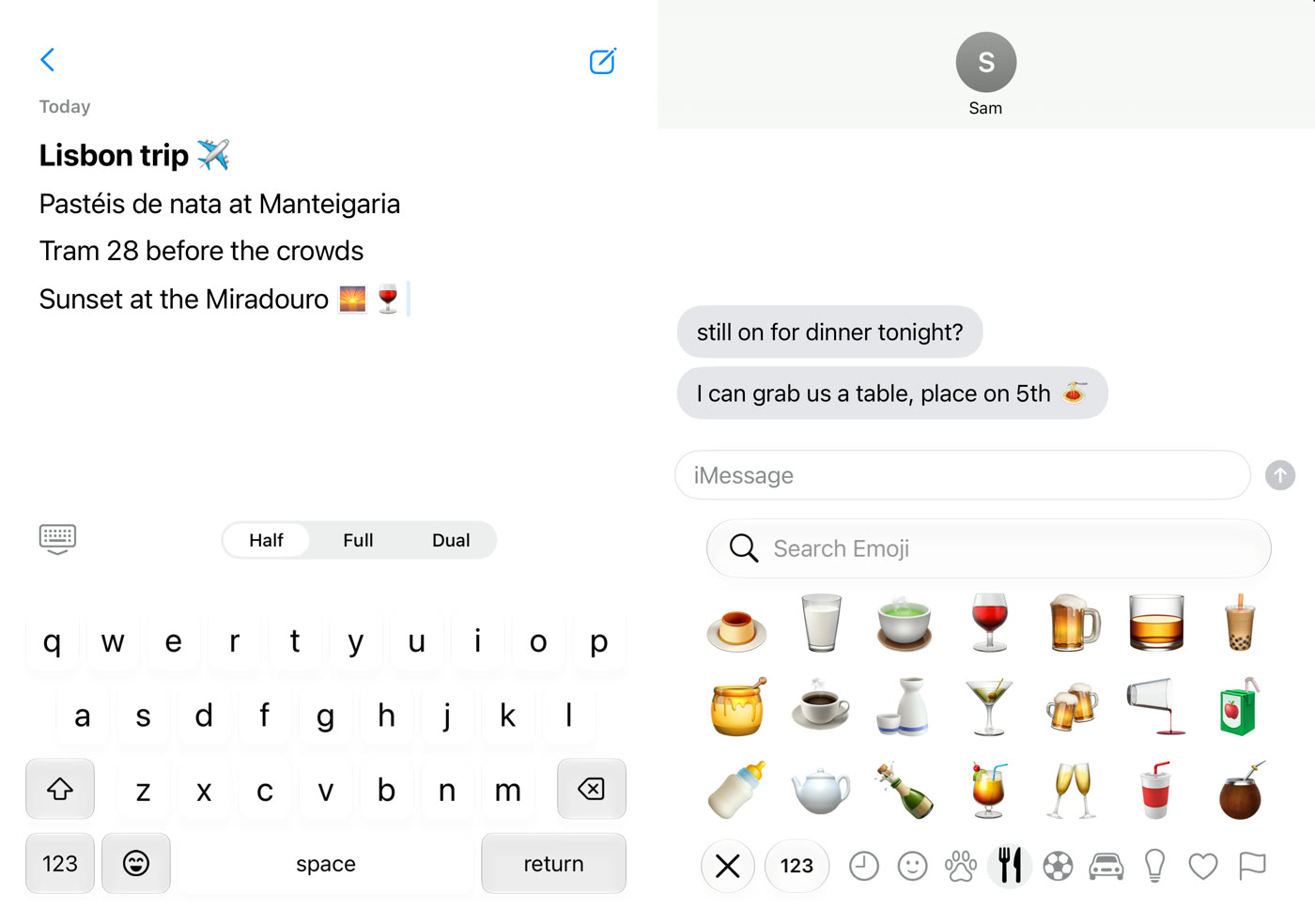 Keys on the left half, emoji open on the right: “Sunset at the Miradouro 🌅🍷” typed in Notes without switching pages.