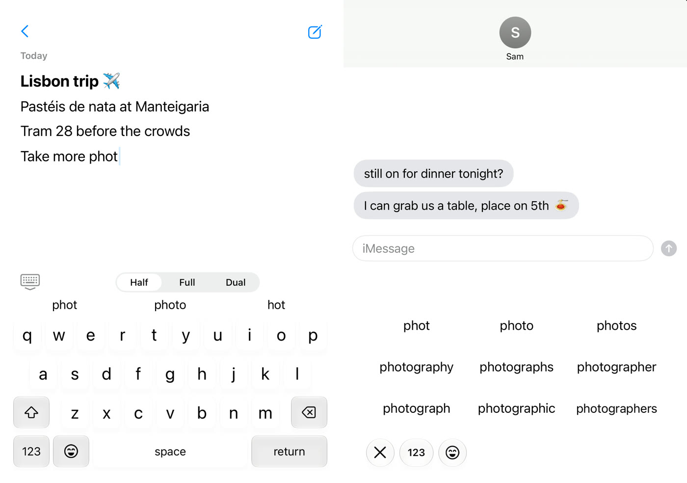 Keys on the left half, nine big suggestions on the right for “phot”: photo, photos, photograph and more.