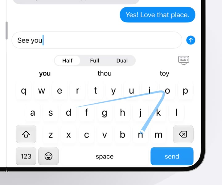 A swipe trail from s up to o and down to n, swiping “soon” after “See you”, with you, toy and thou in the strip above the keys.